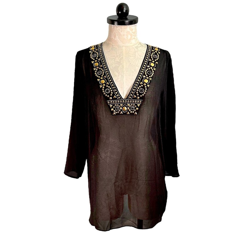 NWT Michael Michael Kors Sheer Black Gold Studded 3/4 Sleeve Top